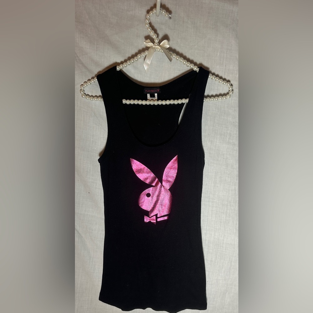 PLAYBOY BLACK RIBBED TANK TOP - w/METALLIC PINK BUNNY - SIZE “L”
